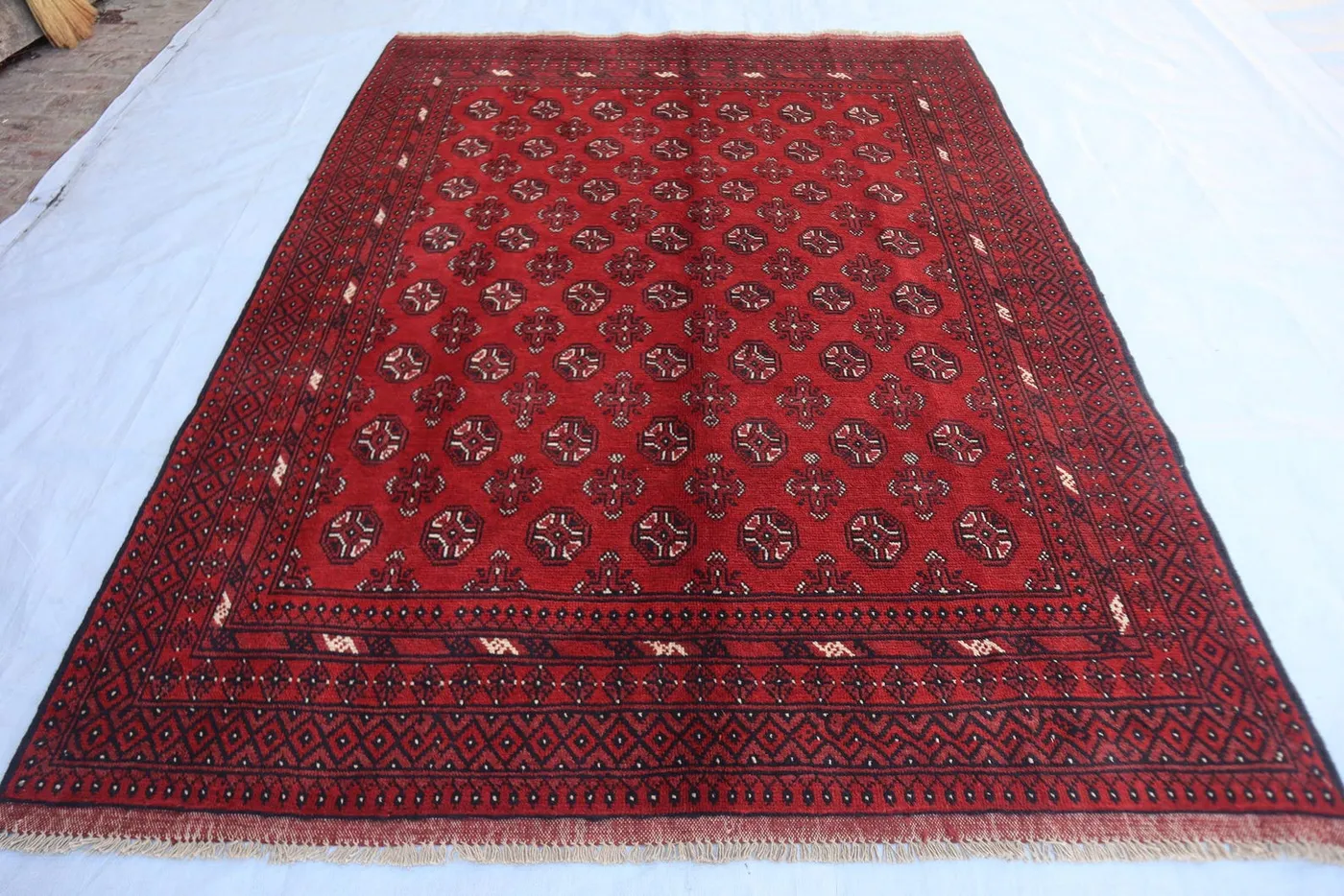 Hand-Knotted Turkmen Bukhara Rug – (5'8" x 7'6"), Vintage Design, Fine Wool, Red, Nomadic, Traditional Oriental Rug, Farmhouse Rug
