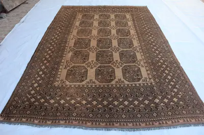 7x10 Elephant Foot Rug, Antique Turkmen Wool Carpet, Afghan Tribal Handmade Rug, Brown Beige Geometric Orienta