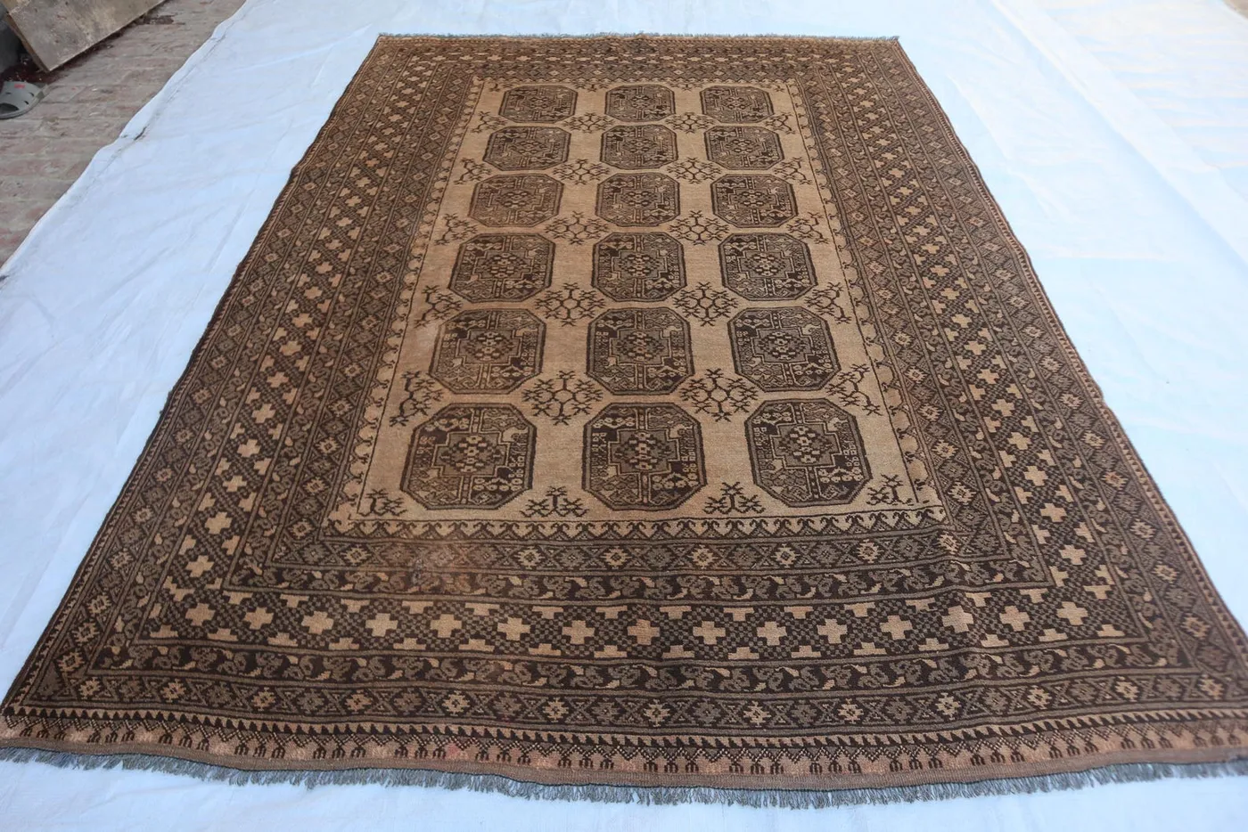 7x10 Elephant Foot Rug, Antique Turkmen Wool Carpet, Afghan Tribal Handmade Rug, Brown Beige Geometric Oriental Area Decor Large Bedroom Rug