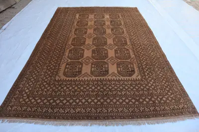 Afghan Turkoman Bukhara Rug | 7x10 Hand-Knotted Wool rug | Vintage Terracotta Faded Soft Pile Elephant Foot De