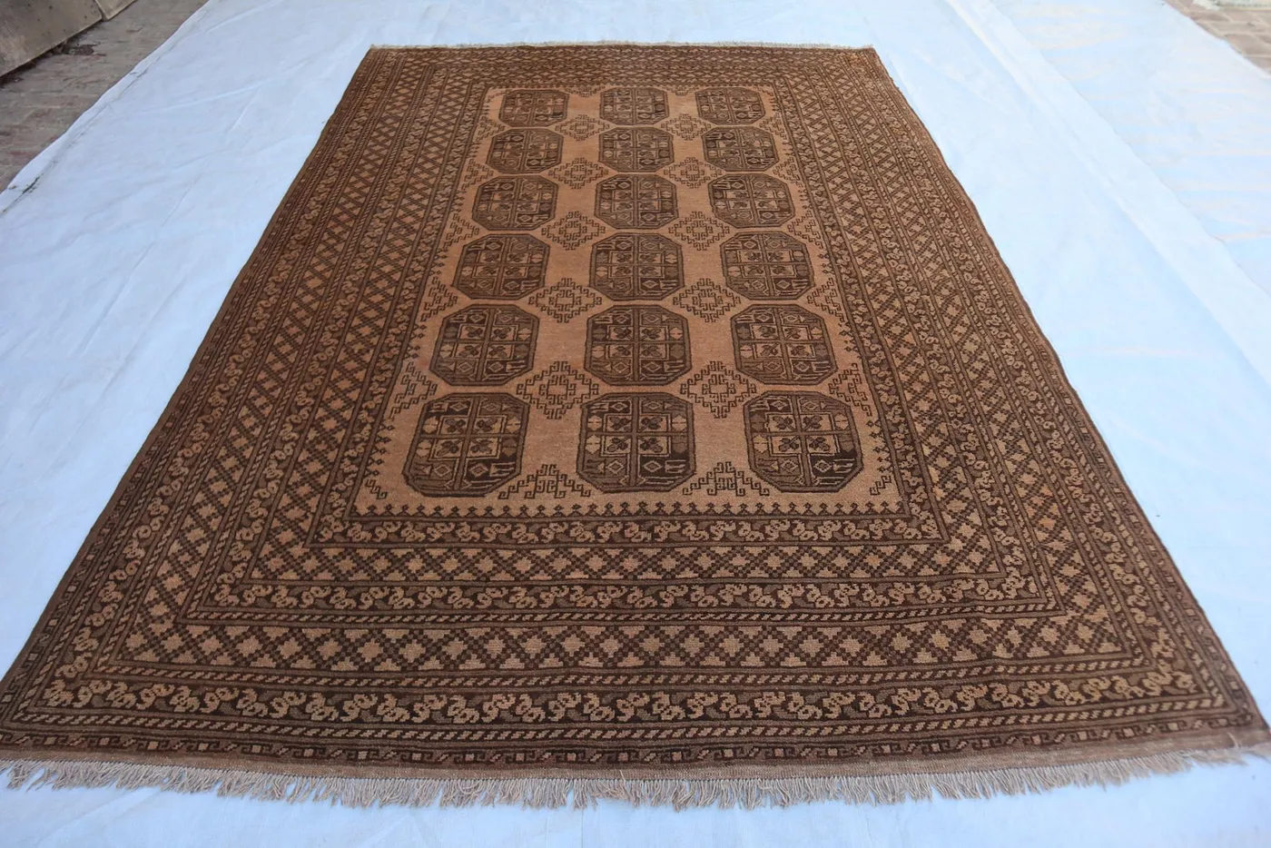 Afghan Turkoman Bukhara Rug | 7x10 Hand-Knotted Wool rug | Vintage Terracotta Faded Soft Pile Elephant Foot Design Decor farmhouse decor rug