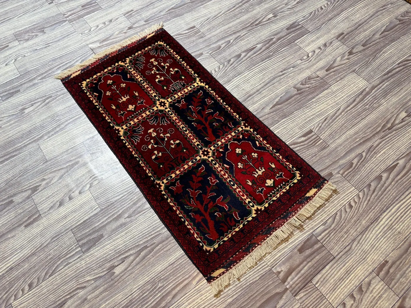 Handwoven Afghan Rug, Floral Design, Vintage Red and Blue, 53x99 cm, Traditional Wool, Boho Accent, Cozy Living Room, Handmade Oriental Rug