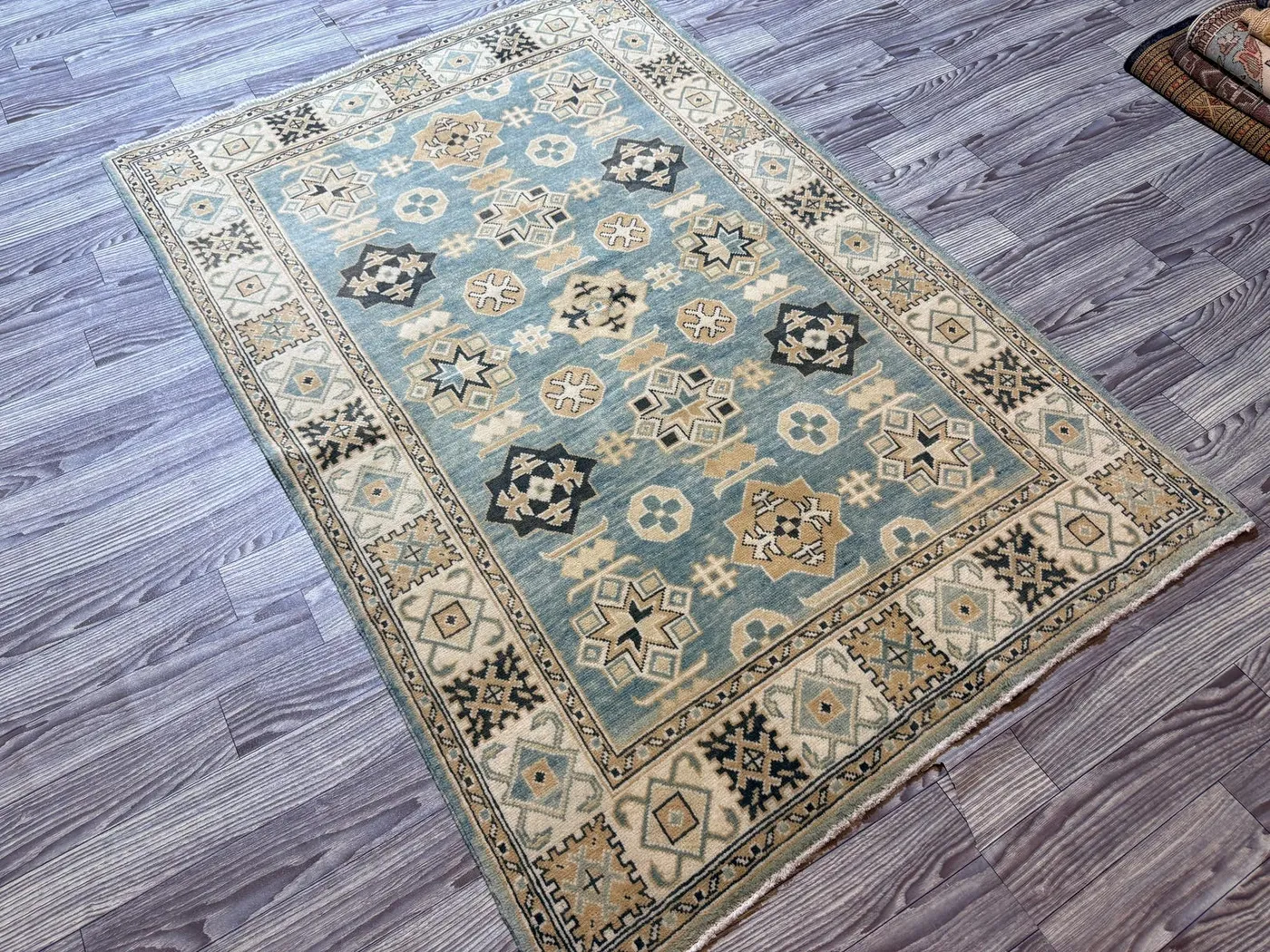 Vintage Style Hand-Knotted Rug – (4'1" x 5'11"), Soft Wool, Traditional Geometric Design, Classic Blue and Yellow Tones, Kitchen Rug