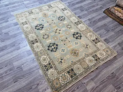 Vintage Style Hand-Knotted Rug – 115x184 cm (3'9" x 6'0"), Geometric Design, Soft Wool, Traditional Blue, Yell