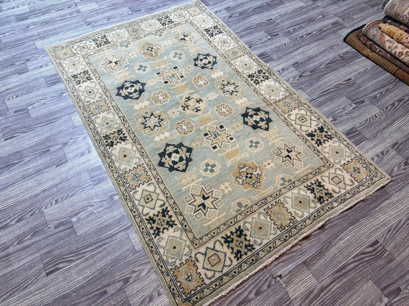 Vintage Style Hand-Knotted Rug – 115x184 cm (3'9" x 6'0"), Geometric Design, Soft Wool, Traditional Blue, Yellow & Black Rug for Home Décor"