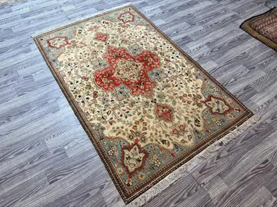 Vintage Turkish-Inspired Oriental Rug – 3'8" x 5'11" Geometric Faded Medallion Design, Soft Wool, Elegant Trad