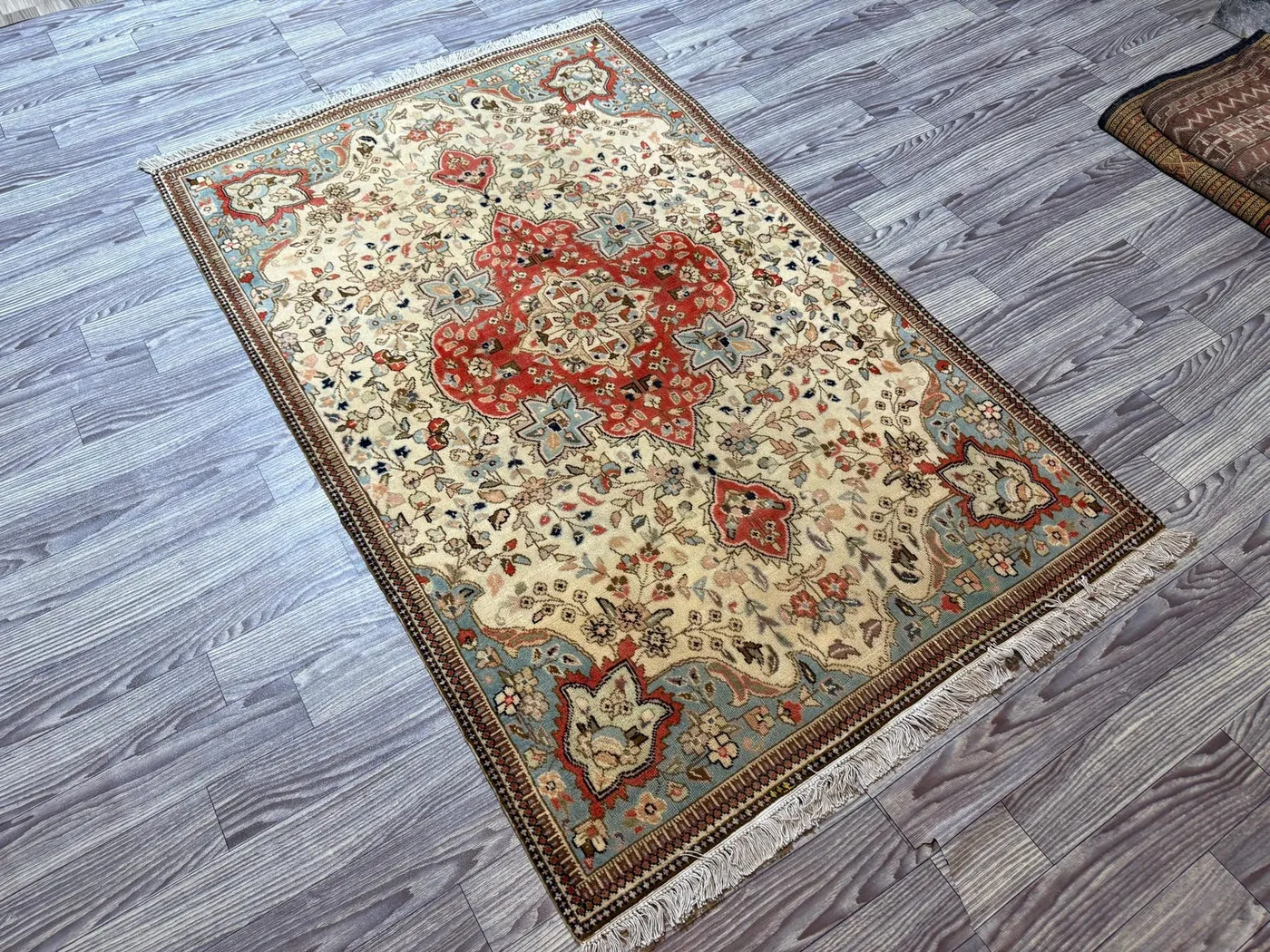 Vintage Turkish-Inspired Oriental Rug – 3'8" x 5'11" Geometric Faded Medallion Design, Soft Wool, Elegant Traditional Rug, Floor Rug