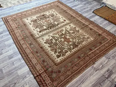 6.6 x 8 ft Afghan Hand Woven Rare Rug, Vintage Flat Weave Kilim, One of a Kind Sumak Design, Tribal Faded Balo