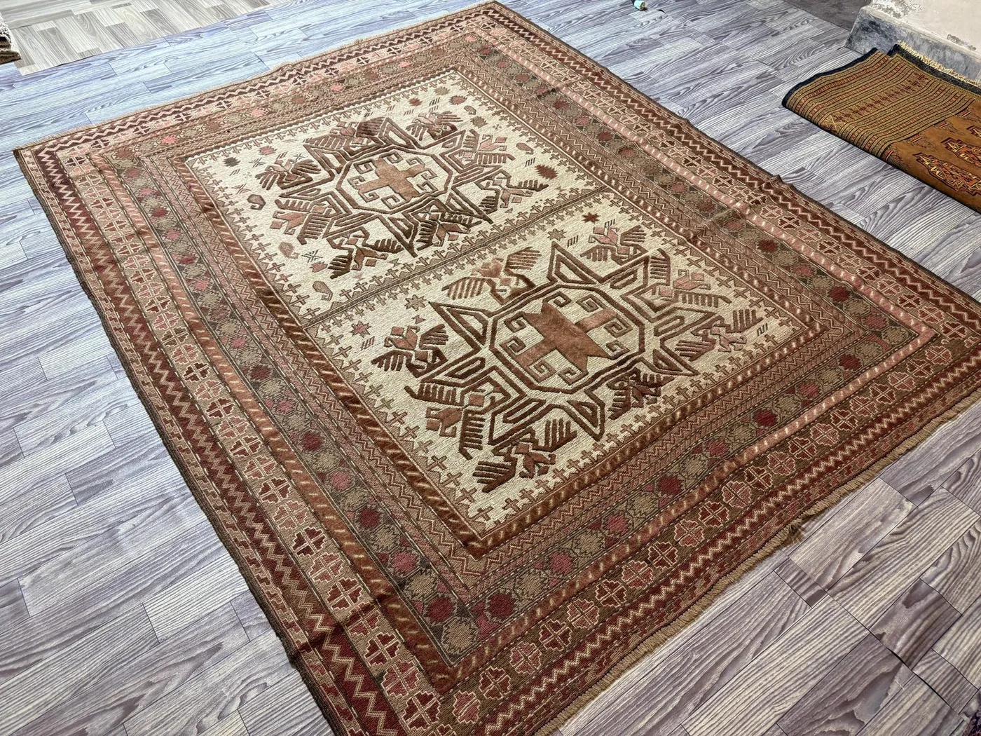 6.6 x 8 ft Afghan Hand Woven Rare Rug, Vintage Flat Weave Kilim, One of a Kind Sumak Design, Tribal Faded Balochi Design | Living room rug