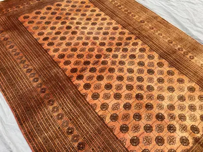 6'2x9'5 Terracotta Faded Tribal Rug | Turkmen Bukhara Afghan Hand Knotted Wool Rug | Geometric Pattern | Orien