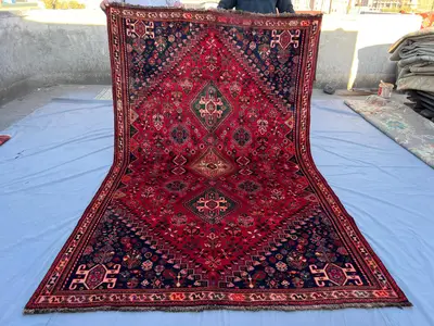 Handmade Afghan Turkmen Rug | 5'6" x 9'0" Tribal Wool Carpet | Geometric Red Area Rug | Vintage 1960s Rug from