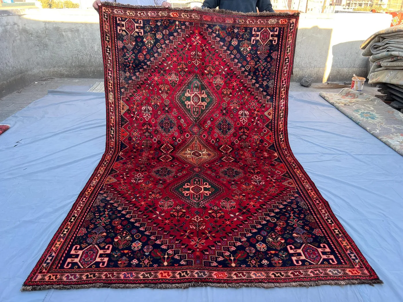 Handmade Afghan Turkmen Rug | 5'6" x 9'0" Tribal Wool Carpet | Geometric Red Area Rug | Vintage 1960s Rug from Aqcha Village, Afghanistan