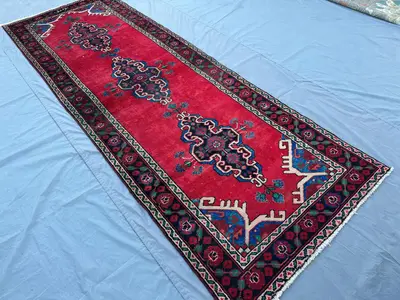 Vintage Afghan Turkmen Runner Rug | 3'5 x 9'11 ft | Handmade Wool Carpet | Tribal Geometric Pattern | Hallway 