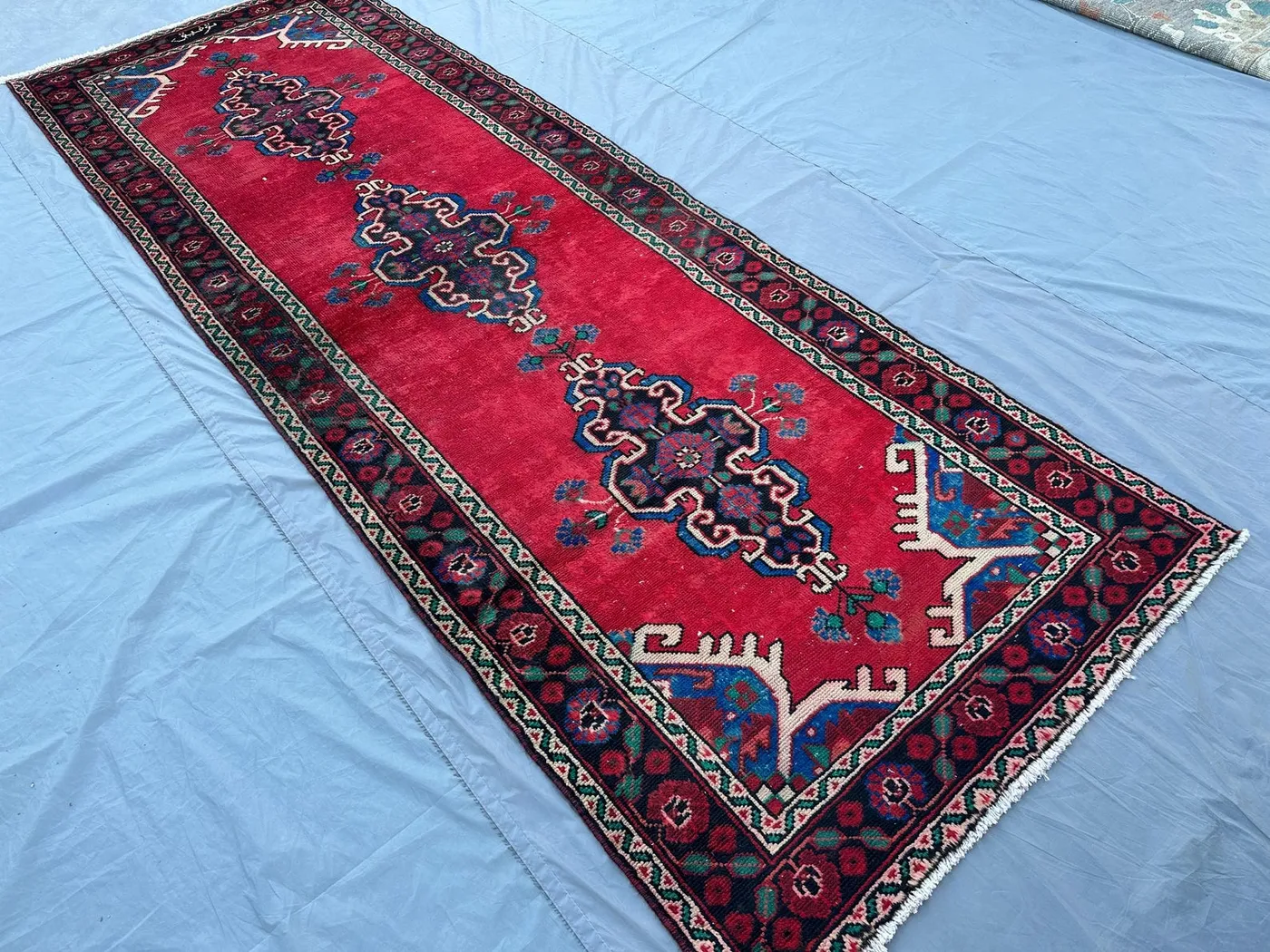 Vintage Afghan Turkmen Runner Rug | 3'5 x 9'11 ft | Handmade Wool Carpet | Tribal Geometric Pattern | Hallway Wide Runner Rug Red Runner rug
