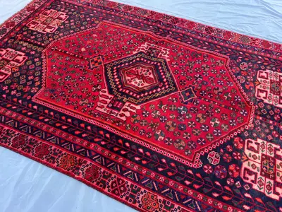 Handmade Afghan Turkmen Rug, 5x8 Vintage Wool Carpet | Red Geometric Tribal Area Rug | 1960s Hand-Knotted Rug,