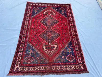 Antique 1940s Hand-Knotted Turkish Rug | 5'3x7'7 Tribal Wool Geometric Carpet, Distressed No-Pile Area Rug | V