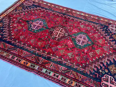 Handmade Afghan Turkmen Rug | 5'7 x 8'6 Vintage Wool Carpet | Red Geometric Tribal Area Rug | 1960s Hand-Knott