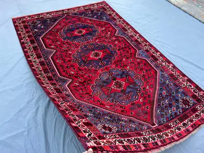 Vintage 1960s Hand-Knotted Turkish Rug | 5'1" x 7'11" Tribal Wool Carpet | Red Geometric Area Rug | Distressed