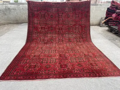 6'9x9'5 ft Antique Afghan Hand-Knotted Rug Turkmen Bukhara Tribal Wool Rug Ersari Geometric Pattern Large Area