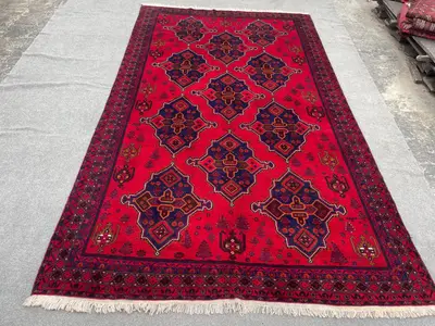 8x13 Vintage Afghan Baluch Tribal Rug | Hand-Knotted High Pile Turkmen Red Carpet | Geometric Pattern Large Ar