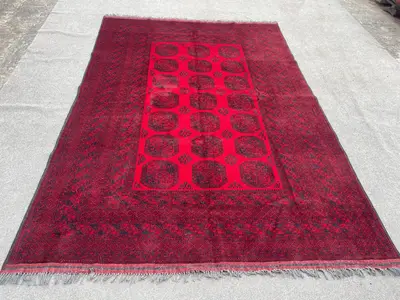 Vintage Afghan Bukhara Rug | 6'6 x 9'6 ft | Hand-Knotted Wool Carpet | Traditional Geometric Pilpa Design | Li