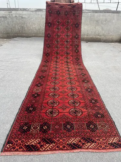 Antique Afghan Baluch Runner Rug 3'0" x 11'5" | Handmade Wool Hallway Carpet | Turkmen Bukhara Geometric Triba