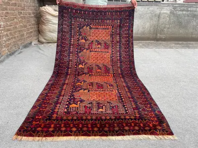 Antique Afghan Baluch Pictorial Rug | 3'10 x 7'5 ft | Hand-Knotted Wool Carpet | Geometric Design | Wall Hangi
