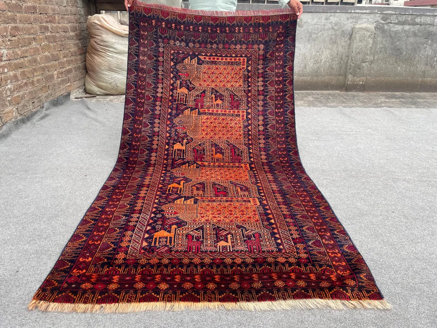Antique Afghan Baluch Pictorial Rug | 3'10 x 7'5 ft | Hand-Knotted Wool Carpet | Geometric Design | Wall Hanging or Area Rug, Animal Hunting
