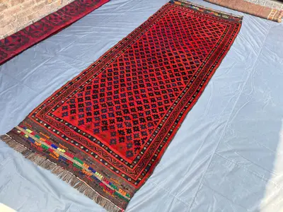 4x11 Vintage Afghan Baluchi Rug | Hand-Knotted Wide Runner | Rug Red Navy Geometric Tribal Wool Carpet Soft Pi