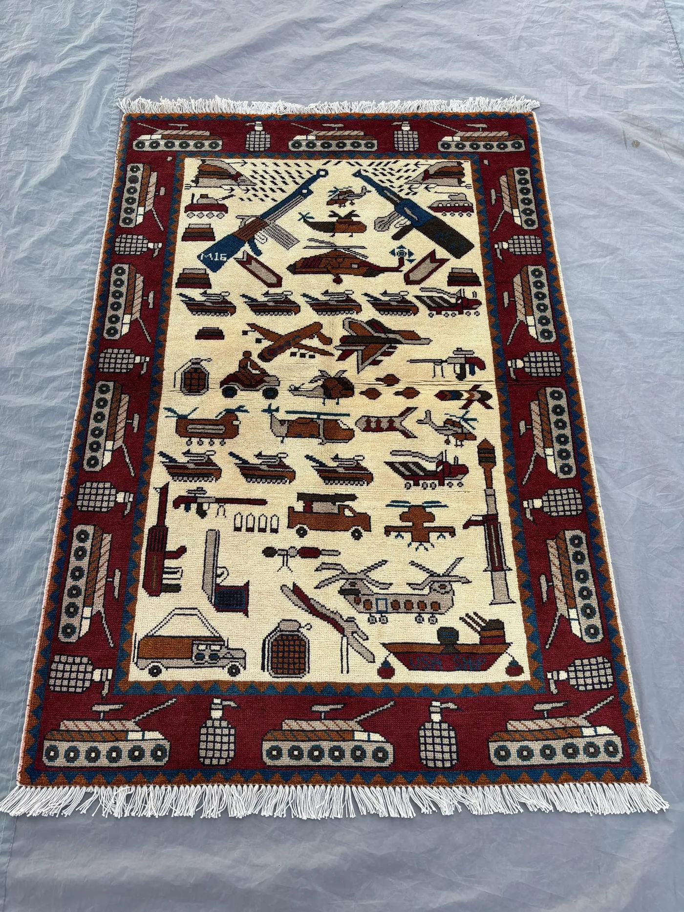 Afghan Hand-Knotted Vintage Soft Pile Rug Unique Pictorial Design Decorative Home Decor Luxury Area Rug 3 x 5 ft Rich Cream, Burgundy, Red