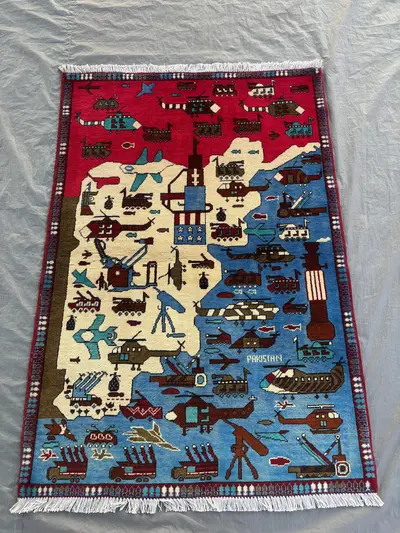 Multicolor 3'x5' Ft Hand-Knotted Balochi War Rug, Helicopter, Military and Aircraft Design, "Pakistan" Inscrip