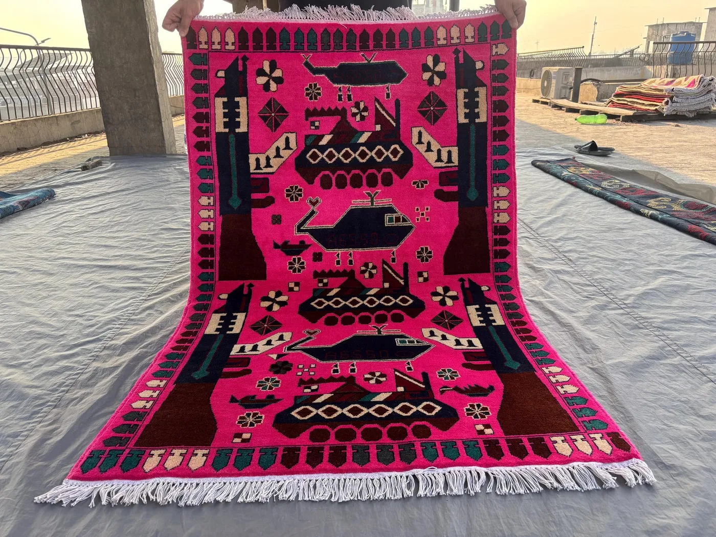 3.2x4'11 Ft Handmade Afghan Wool War Rug, Helicopter Pattern, Soft Wool, Living Room, Bedroom, Kitchen, Wall Decor, One-of-a-Kind Piece