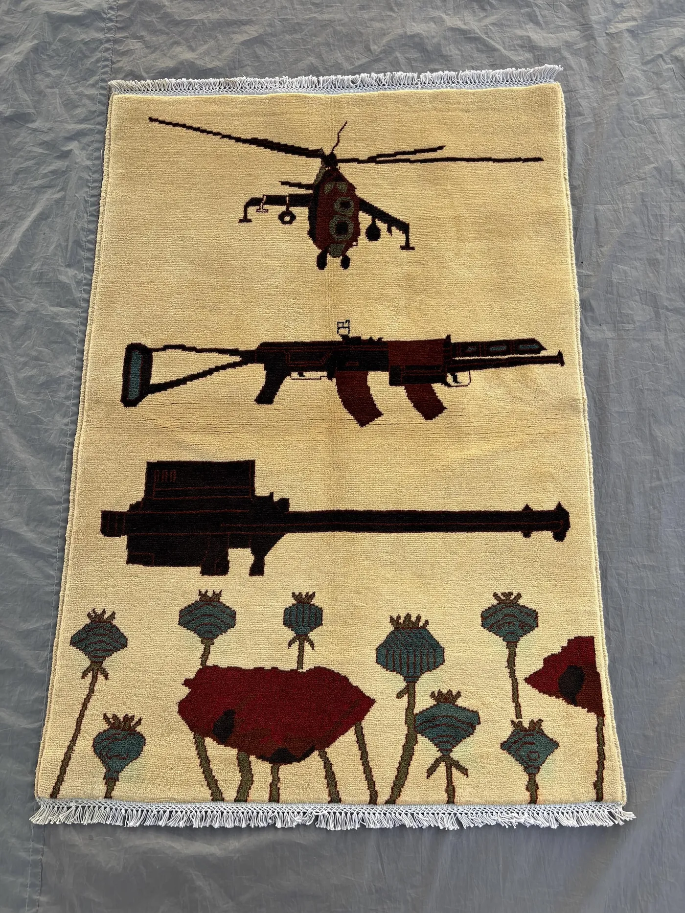 Beige 3x4'5 Ft Hand-Knotted Balochi War Rug, Helicopter & Gun Design, Unique Opium Flower Rug, Traditional Wool, One-of-a-Kind Decor