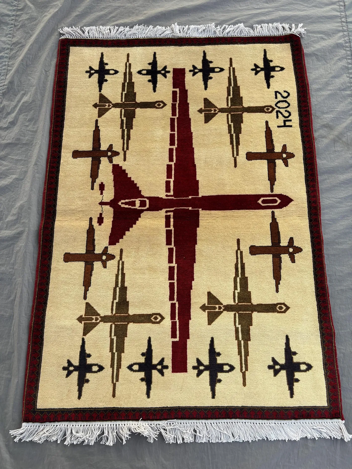 3 x 5 Ft Afghan Hand-Knotted Modern Soft Pile Rug, One of a Kind Luxury Home Boho Decor, Pictorial War Rug, Airplane Design