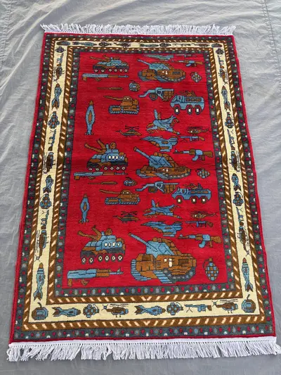 Afghan War Rug 3 x 5 Ft Hand-Knotted Wool Modern Pictorial Design Soft Pile One of a Kind Boho Decor