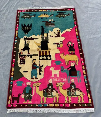 Handmade Afghan Pictorial Rug - Vintage Boho Decor Rug with Unique Artwork War Inspired Design Soft Pile - 3 x