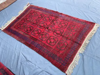4'10 x 7'1 ft Vintage Afghan Baluchi Rug | Hand-Knotted Rug Red Navy Soft Pile Geometric Wool Carpet | Tribal 