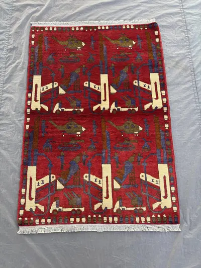 Afghan War Rug 3.4 x 4.11 Ft Hand-Knotted Wool Modern Pictorial Design Soft Pile One of a Kind Home Decor