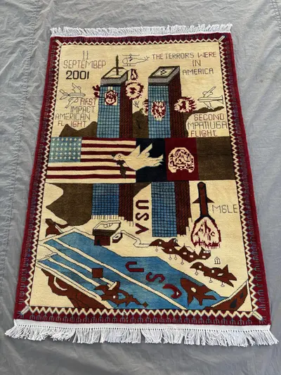 3.4x4.11 Ft Afghan Hand-Knotted Modern Soft Pile Rug, One of a Kind Small Area Decor, Pictorial War Rug, 9/11 