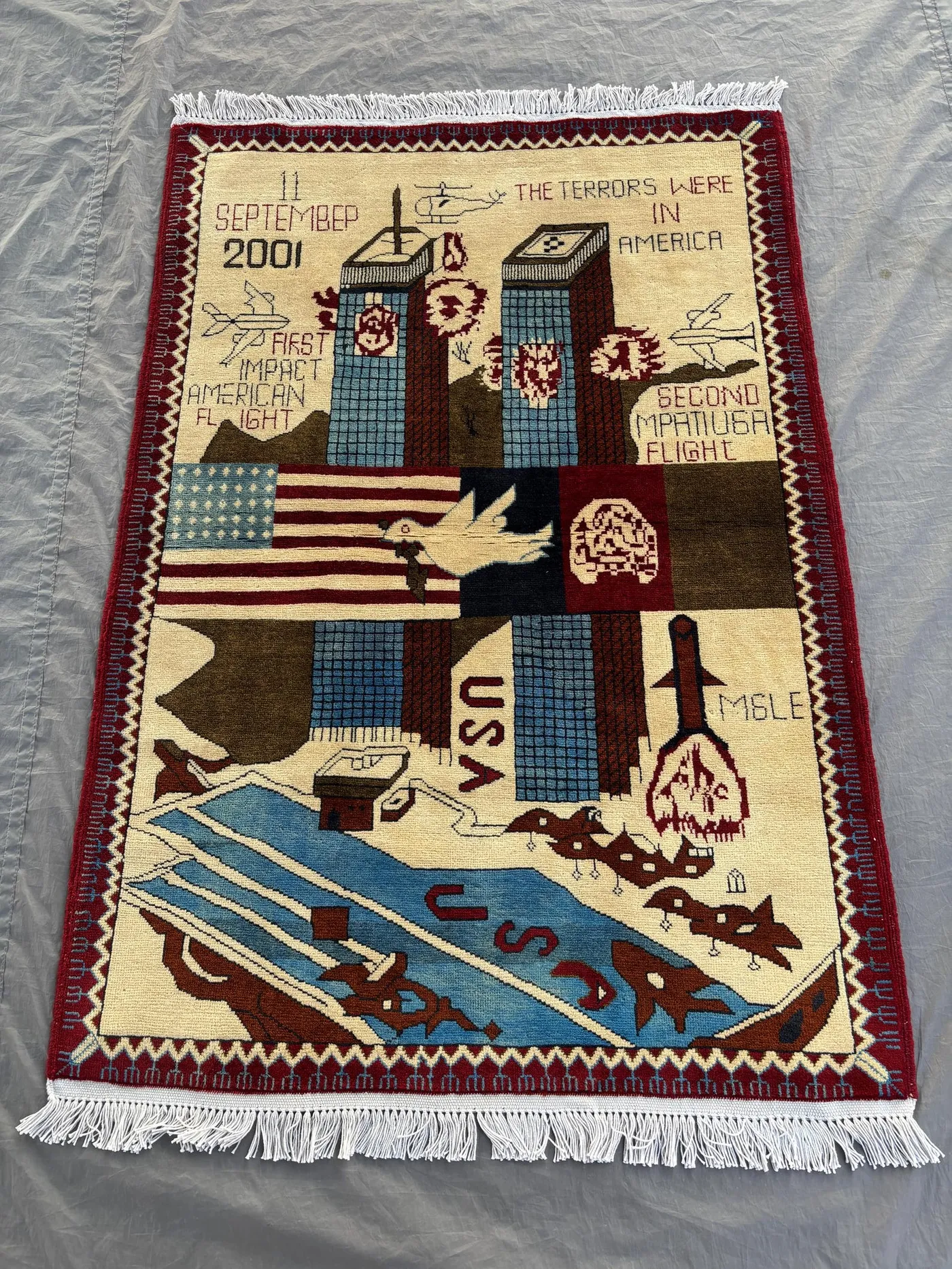 3.4x4.11 Ft Afghan Hand-Knotted Modern Soft Pile Rug, One of a Kind Small Area Decor, Pictorial War Rug, 9/11 Design, USA Flag, 2001