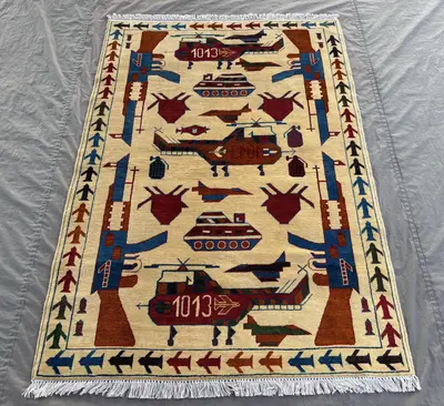 4 x 5.9 Ft Afghan Hand-Knotted Modern Soft Pile Rug, One of a Kind Luxury Home Decor, Pictorial War Rug,