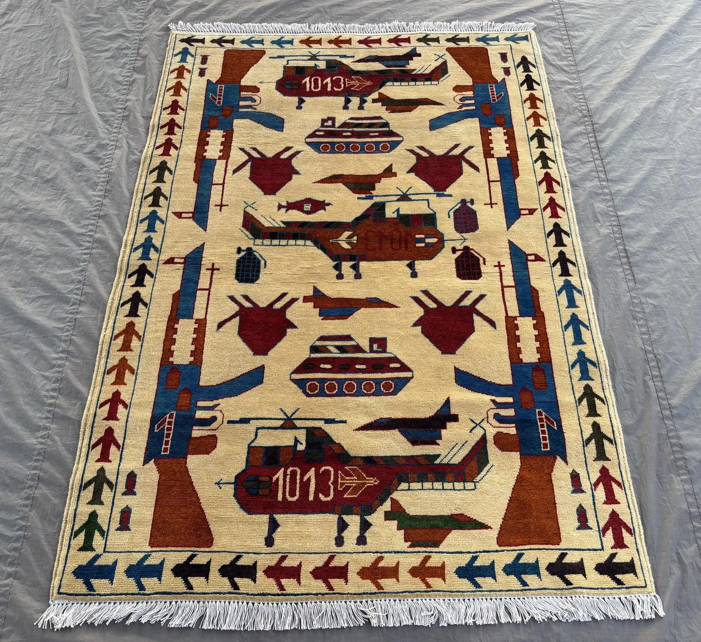 4 x 5.9 Ft Afghan Hand-Knotted Modern Soft Pile Rug, One of a Kind Luxury Home Decor, Pictorial War Rug,