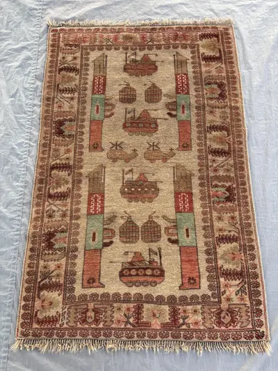 3 x 5 Ft Afghan Hand-Knotted Vintage Soft Pile Rug, One of a Kind Luxury Home Boho Decor, Pictorial War Rug, G
