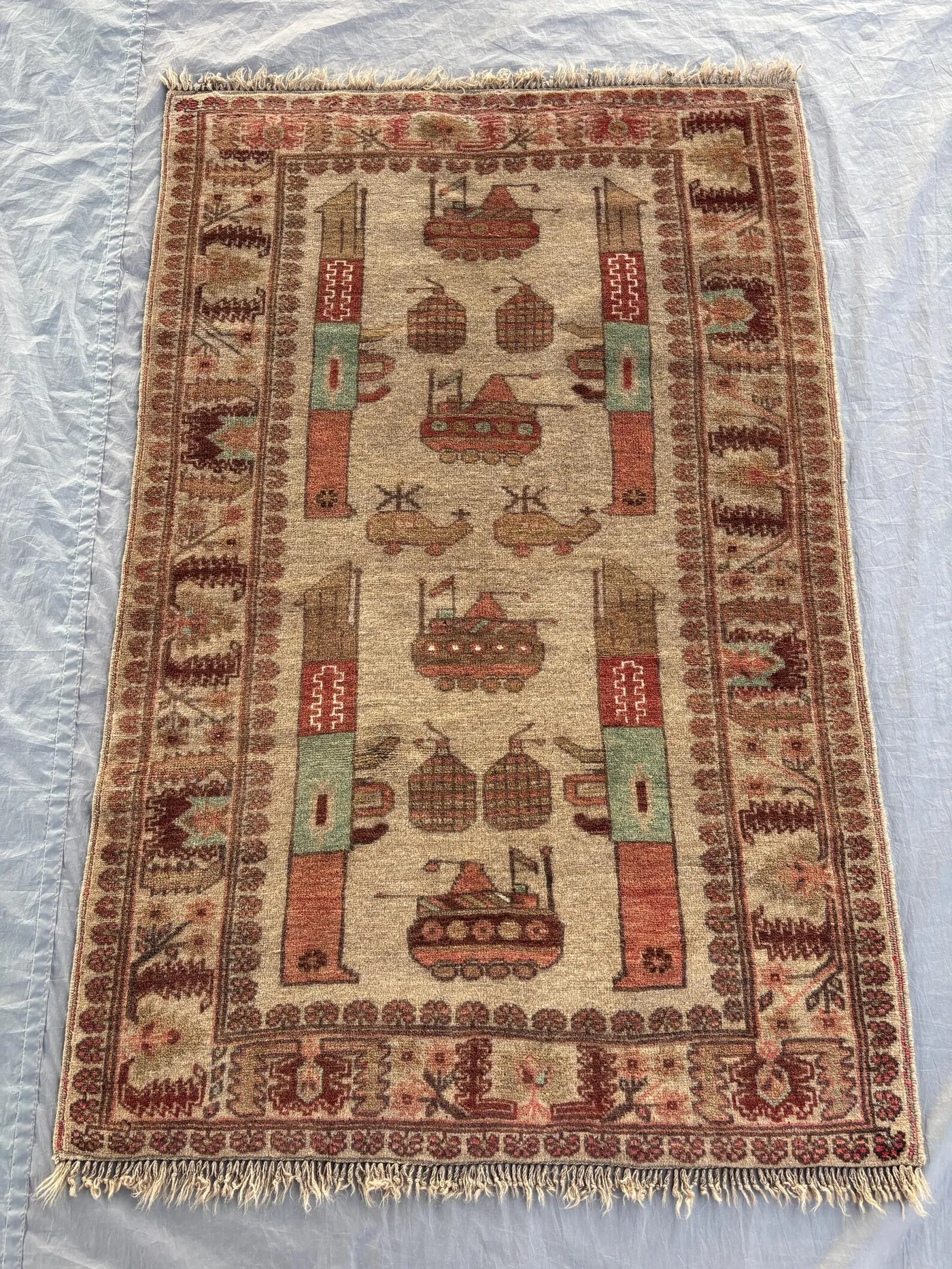 3 x 5 Ft Afghan Hand-Knotted Vintage Soft Pile Rug, One of a Kind Luxury Home Boho Decor, Pictorial War Rug, Geometric Design