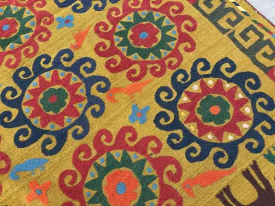 Green Handwoven Afghan Kilim 6 x 7 ft Vintage Wool Patchwork Suzani Design for Boho Home Decor | Kitchen & Bed