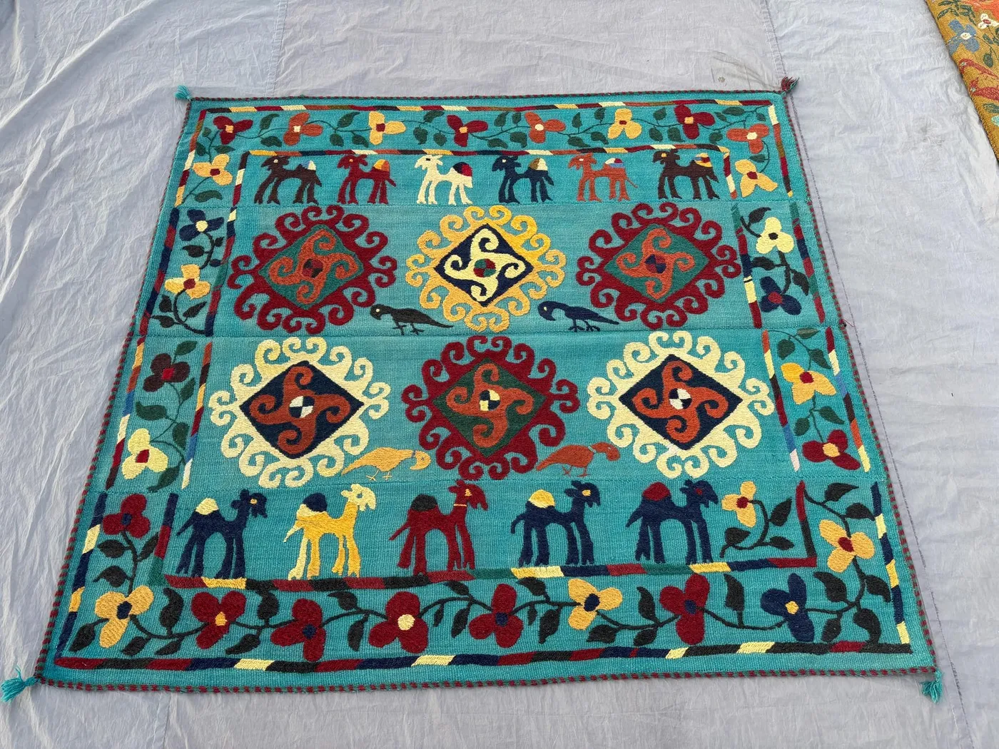 5 x 5.6 ft Afghan Hand Woven Vintage Flat Weave One of a Kind Home Decor Patchwork Luxury Pictorial Animal Camel Suzani Blue, Red, Yellow