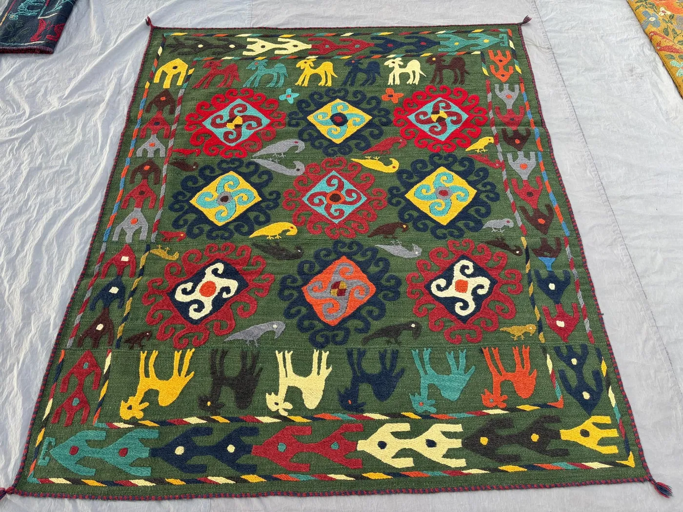 6 x 7 ft Afghan Hand Woven Vintage Soft Pile Patchwork Luxury Room Decor Pictorial Animal Camel Print Suzani Design - Green, Red, Blue