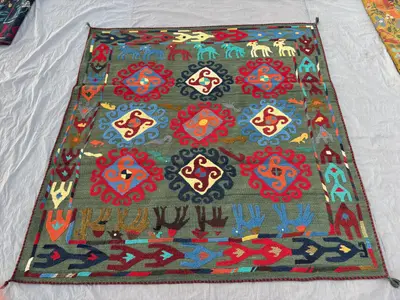 5.11 x 6.3 ft Afghan Hand Woven Vintage Soft Pile Patchwork Luxury Room Decor Pictorial Animal Camel Print Suz