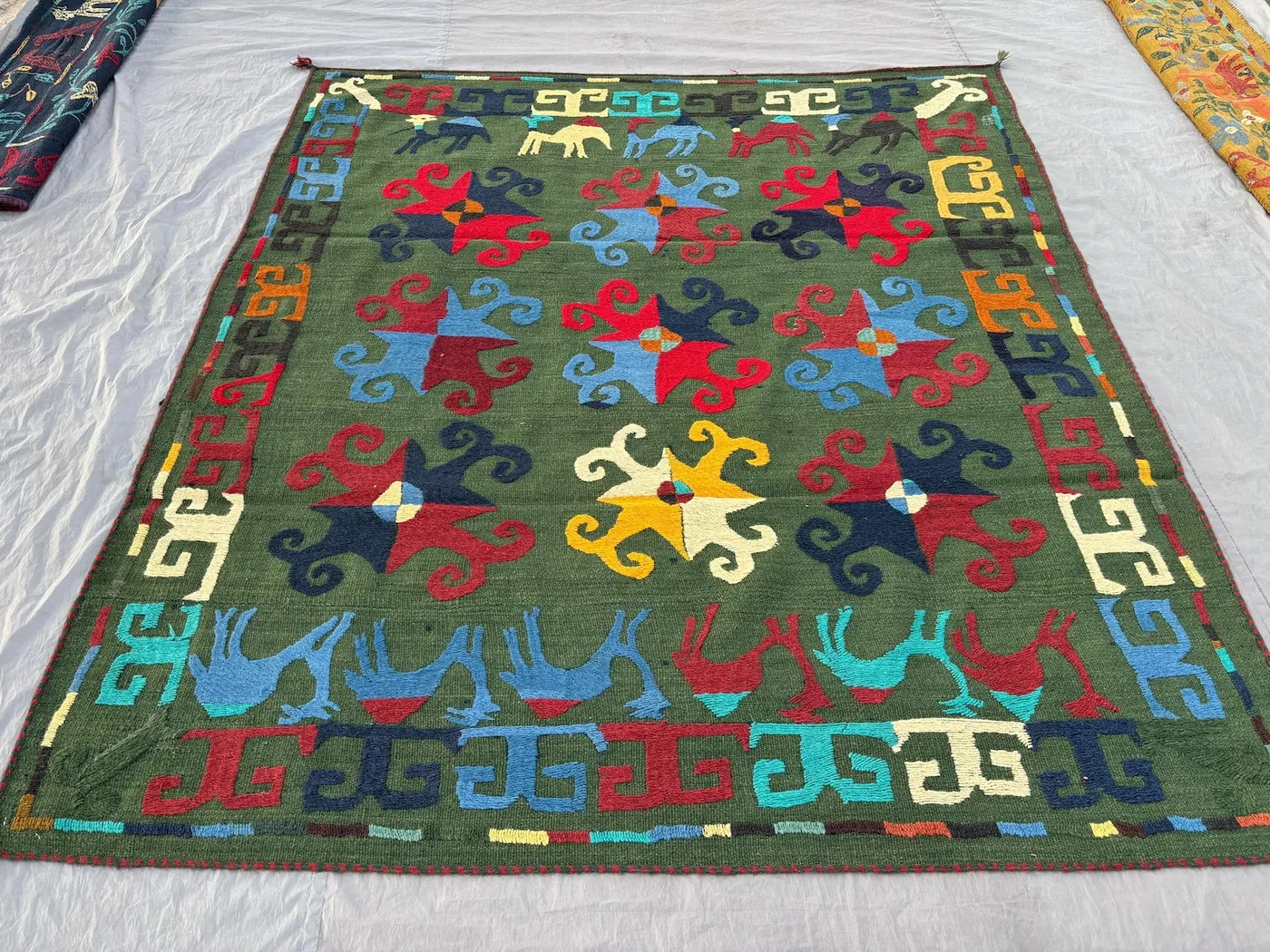 6 x 7 ft Afghan Hand Woven Vintage Flat Weave Kilim Unique Patchwork Home Boho Decor Pictorial Camel Print Suzani Design, Green, Red, Blue