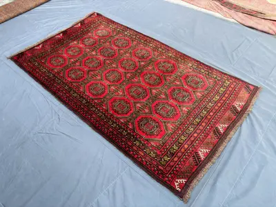 4'3 x 7'4 ft Vintage Afghan Baluchi Hand-Knotted Rug Red Brown Gold Geometric Nomadic Fine Wool Carpet Caucasi